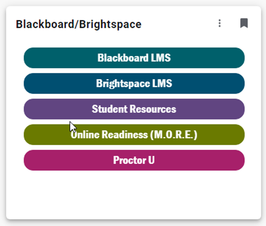 my Tri-C space LMS card with five items listed: Blackboard LMS, Brightspace LMS, Student Resources, Online Readiness, and ProctorU.