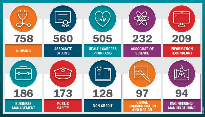 The numbers of students in each of the 10 most popular majors, as listed in the caption. 