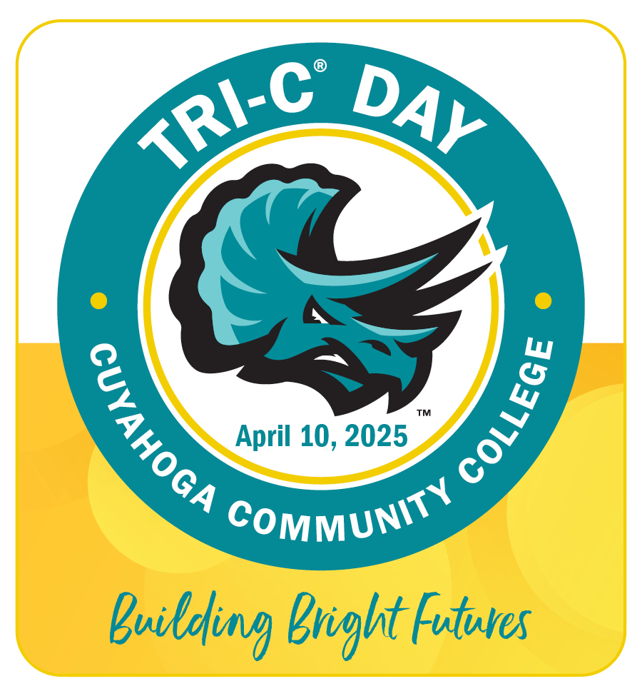 Tri-C triceratops Stomp logo with message Tri-C Day is April 10 - Building Bright Futures