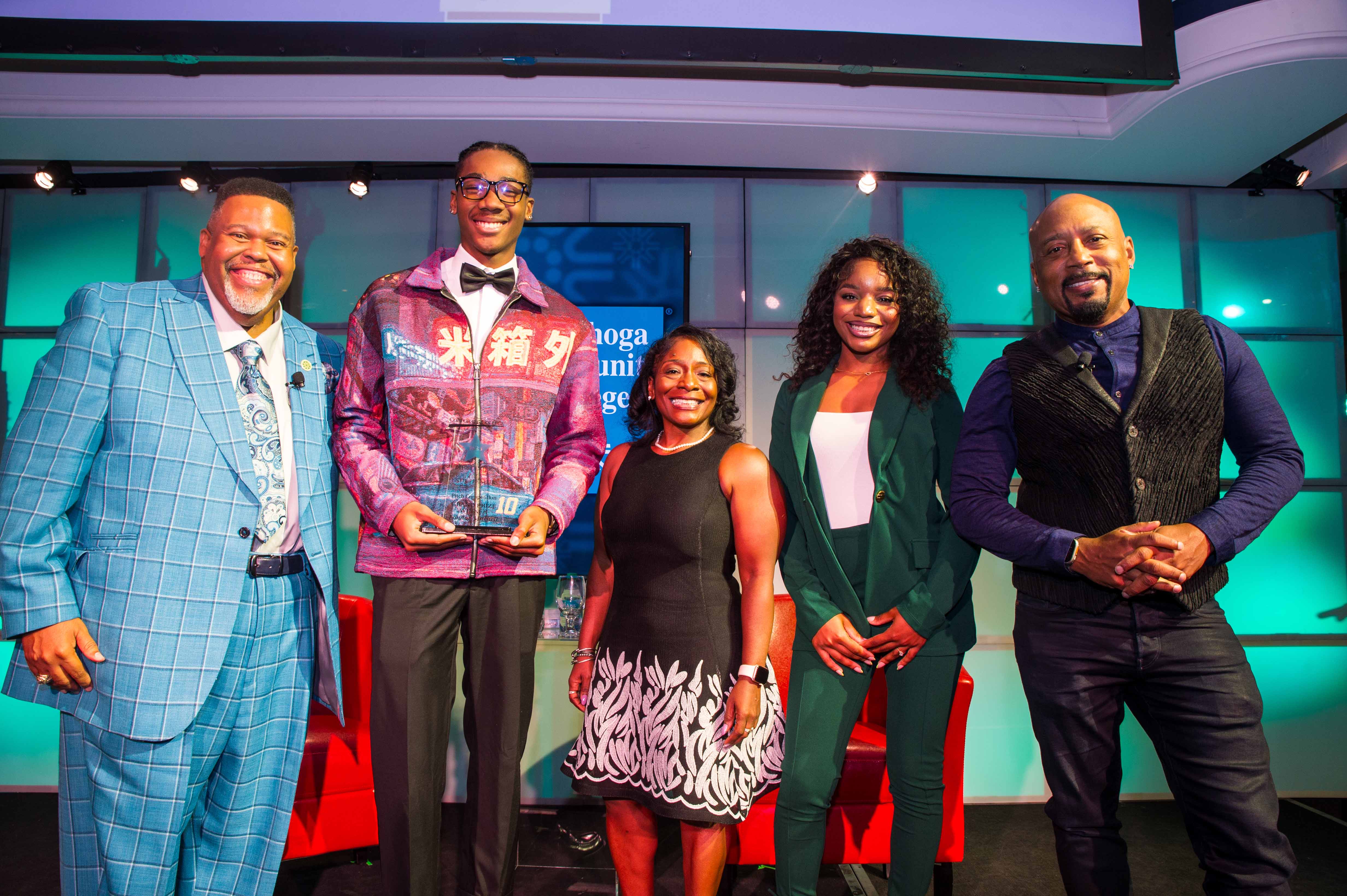 Tri-C® Center for Entrepreneurs Pitch Competition Powered by PNC winner London Mitchell and finalists Avrielle Eldemire and Jeanette Logan-Lane, Tri-C® President Dr. Michael Baston and Daymond John.