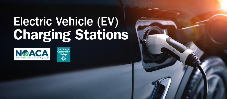 Graphic with image of EV charger, NOACA logo and Tri-C logo