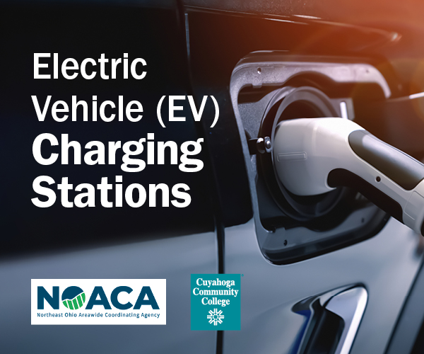 Graphic with image of EV charger and NOACA and Tri-C logos