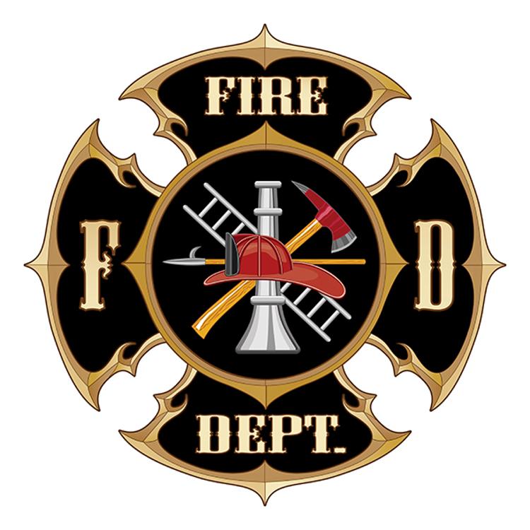 Black Maltese cross with fire department text and imagery