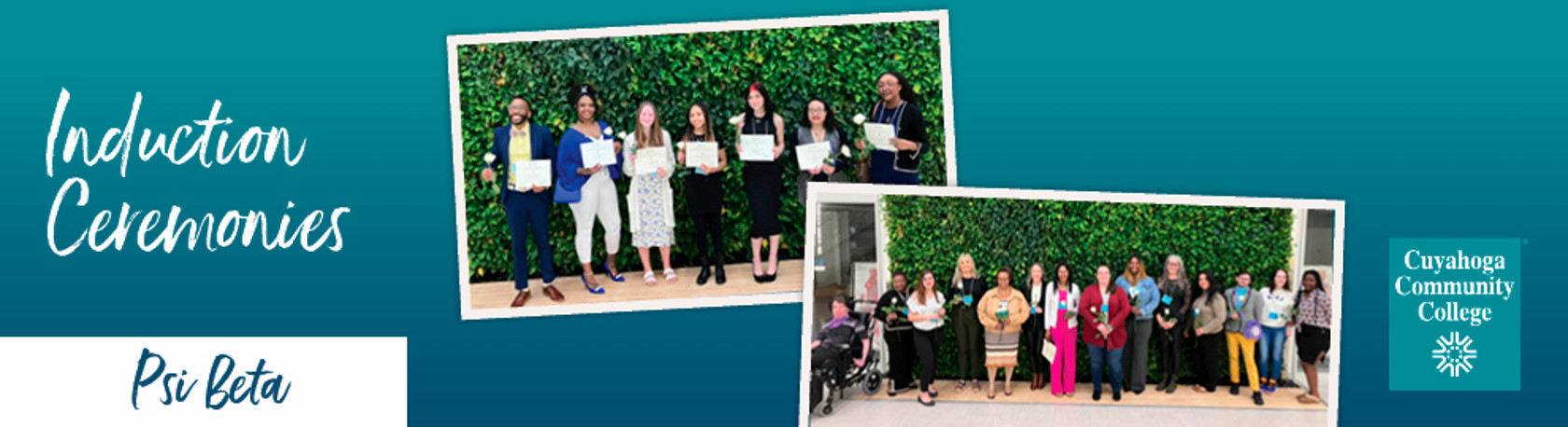 Photos of students at induction ceremony standing in a line