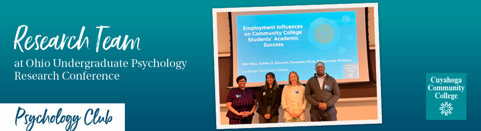 Photo of four students on research team in front of their presentation at a conference