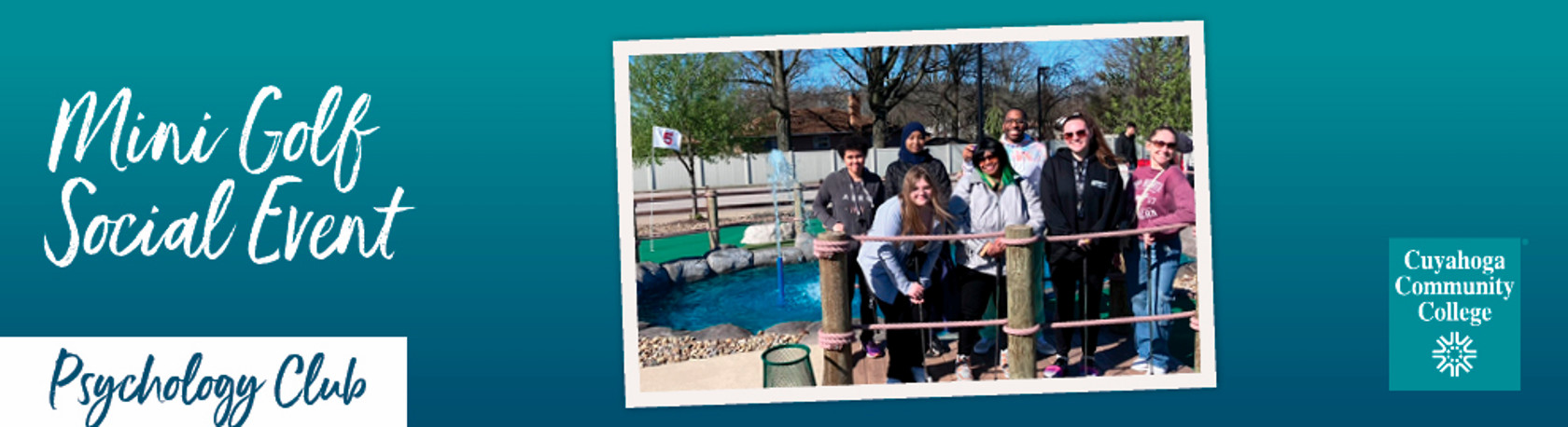 Photo of students posing at a mini golf course during a social outing